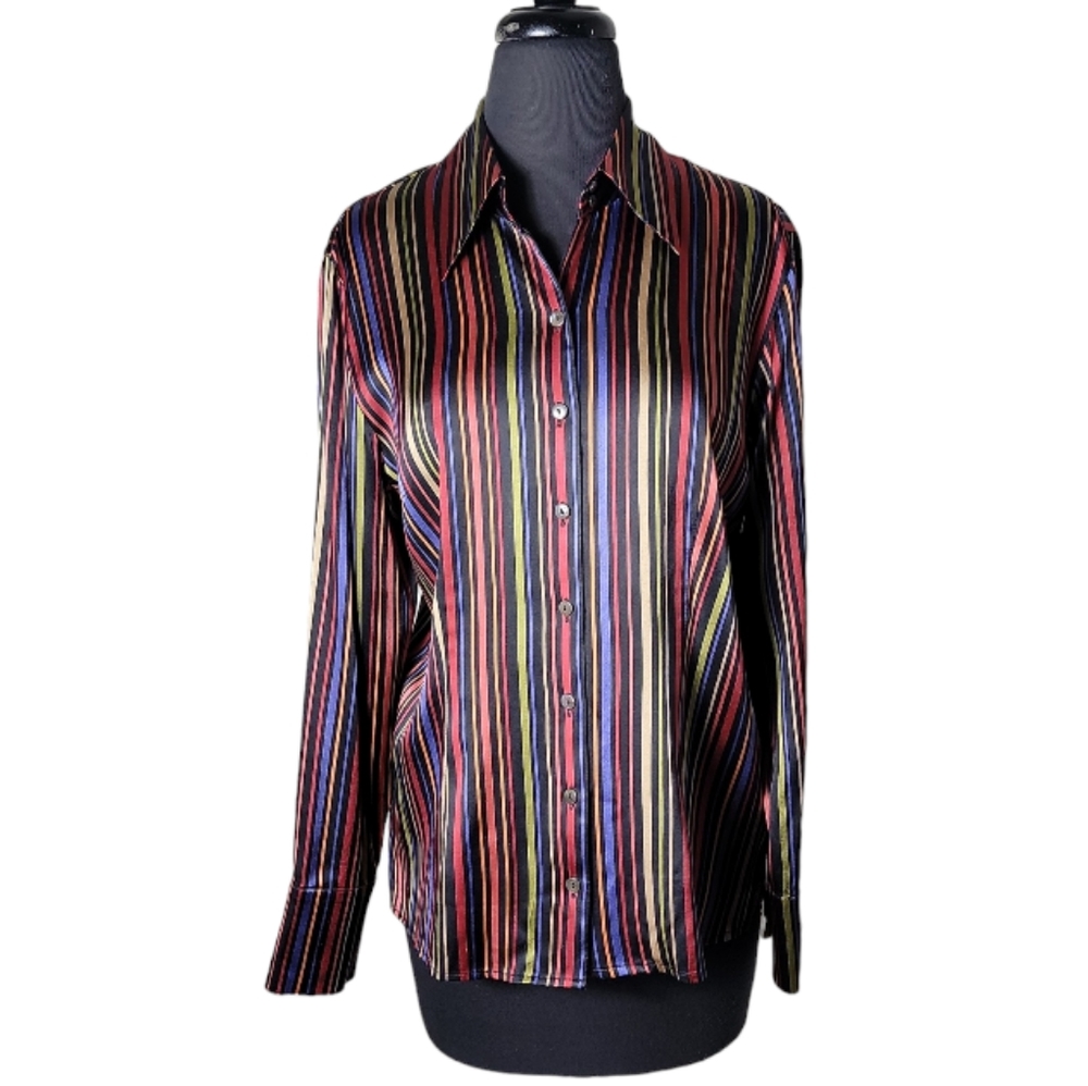 Talbots silk blend stretch striped button down top multicolor women's Smsize 10